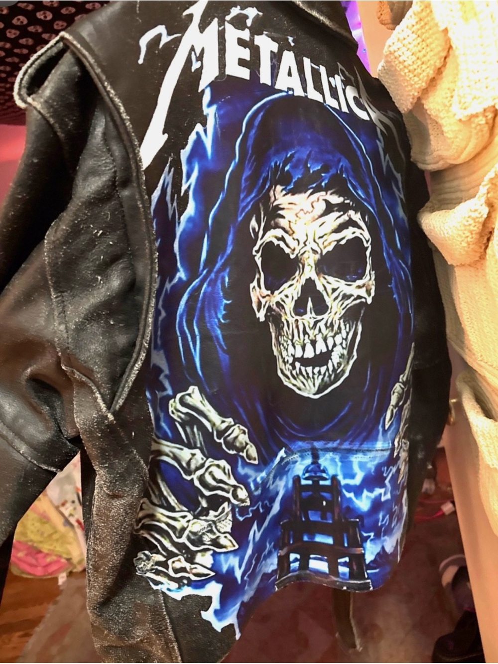 Vintage Metallica Leather Biker Jacket with Blue Skull Back Graphic - Style - Picture 3 of 8